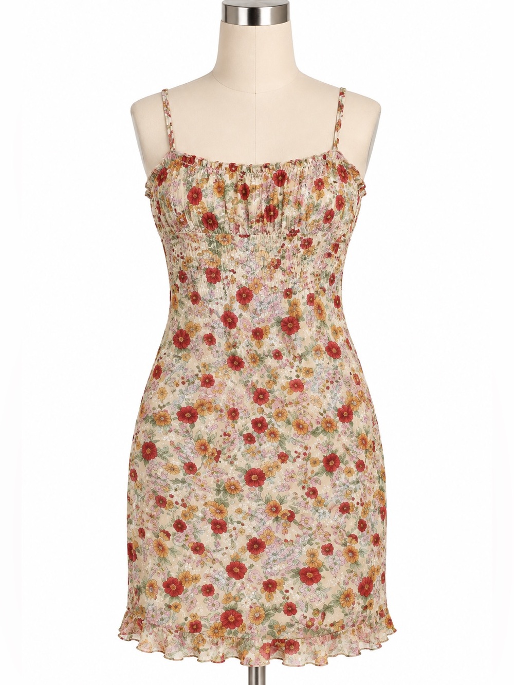Liz & Sara Mini Dress Womens Medium Tan Floral Y2K Lined Smocked Crepe Milkmaid